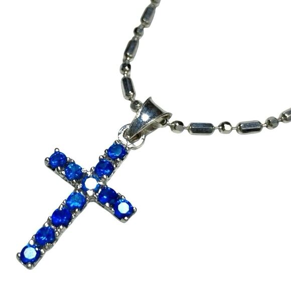 Vintage Signed Milor Italy Sterling Silver Cross Necklace Blue Gemstone 925 24” - Picture 1 of 14